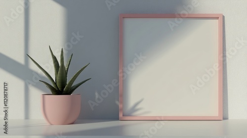 Wallpaper Mural Pink frame mockup with a succulent plant pot on a minimalist white table in portrait orientation showcasing natural light and shadows Torontodigital.ca