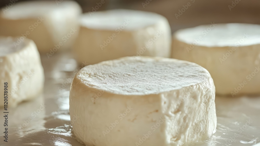 Artisanal cheese wheels during the curing process showcasing traditional cheese-making techniques in a rustic setting Artisanal cheese wheels during the curing process showcasing traditional cheese-making techniques in a rustic setting
