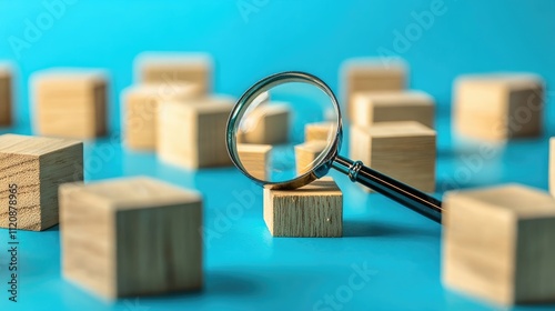Analyzing Pain Points in User Experience with Magnifying Glass and Wooden Blocks on Blue Background for Product Development Insights