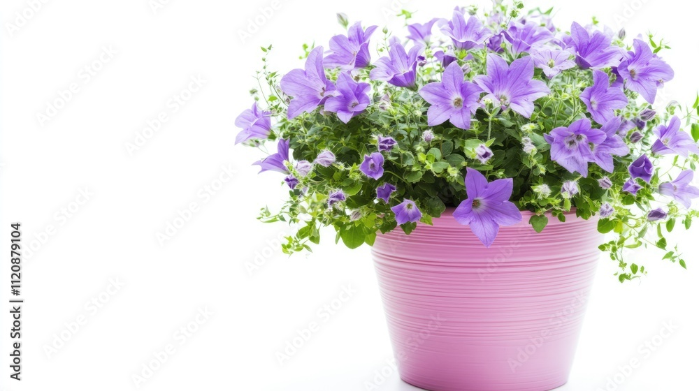 Purple Campanula flowers in a vibrant pink pot against a clean white background showcasing floral beauty and home decor aesthetics. Purple Campanula flowers in a vibrant pink pot against a clean white background showcasing floral beauty and home decor aesthetics.