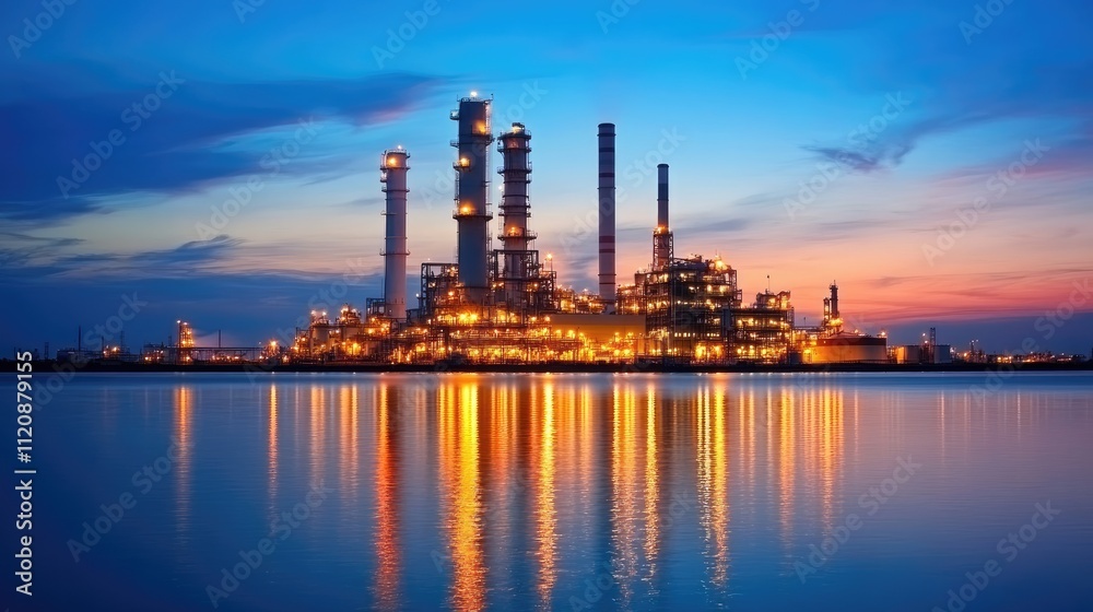Petrochemical plant at night reflecting lights on water under a vibrant sunset sky with industrial features and infrastructure illuminated. Petrochemical plant at night reflecting lights on water under a vibrant sunset sky with industrial features and infrastructure illuminated.
