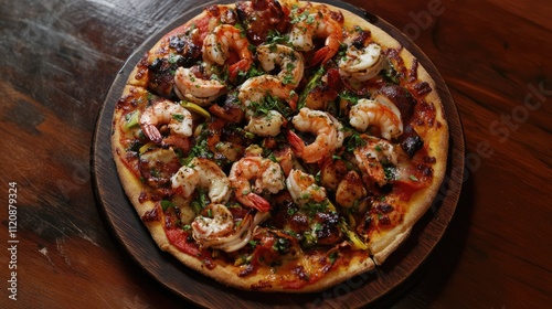 Wallpaper Mural Close-up selective focus image of Seafood Supreme pizza topped with shrimp and vegetables, presented on a round wooden plate against a rustic wooden background, food, cuisine, culinary. Torontodigital.ca