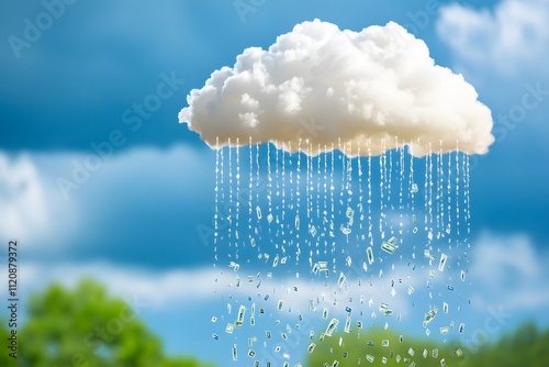 A cloud raining money close-up blue sky background photo