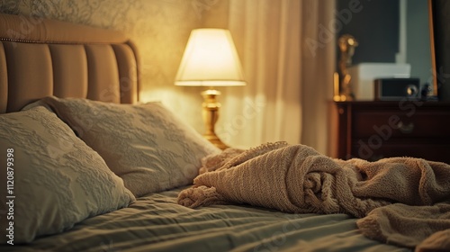 Cozy bedroom atmosphere featuring pillows, blanket, and softly illuminated lamp enhancing interior design comfort and tranquility. photo