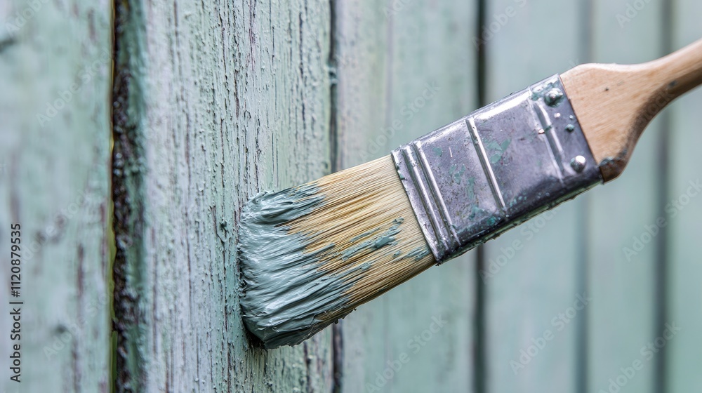 Sage green paint being applied to a wooden garden fence with a brush in a serene English outdoor setting. Sage green paint being applied to a wooden garden fence with a brush in a serene English outdoor setting.