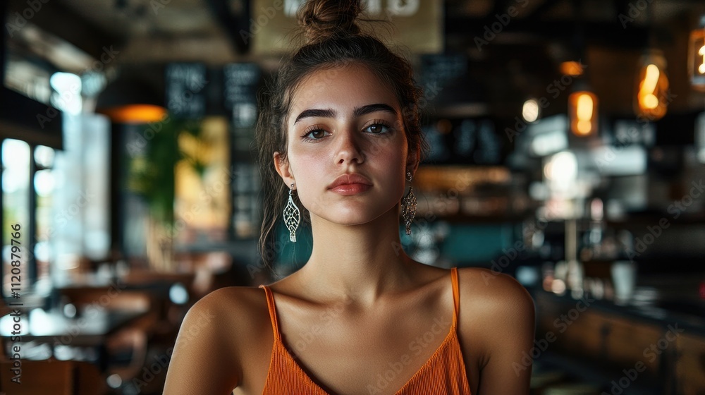 Young woman with earrings relaxing in modern cafe looking thoughtfully at camera during break from daily activities