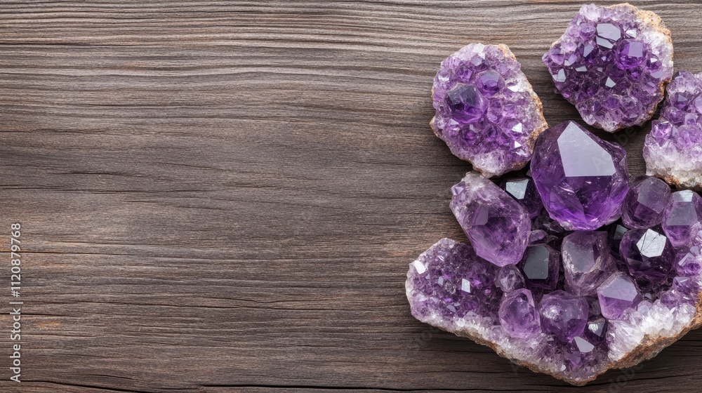 Natural amethyst crystals arranged on a rustic wooden background showcasing their vibrant purple hues and unique textures. Natural amethyst crystals arranged on a rustic wooden background showcasing their vibrant purple hues and unique textures.