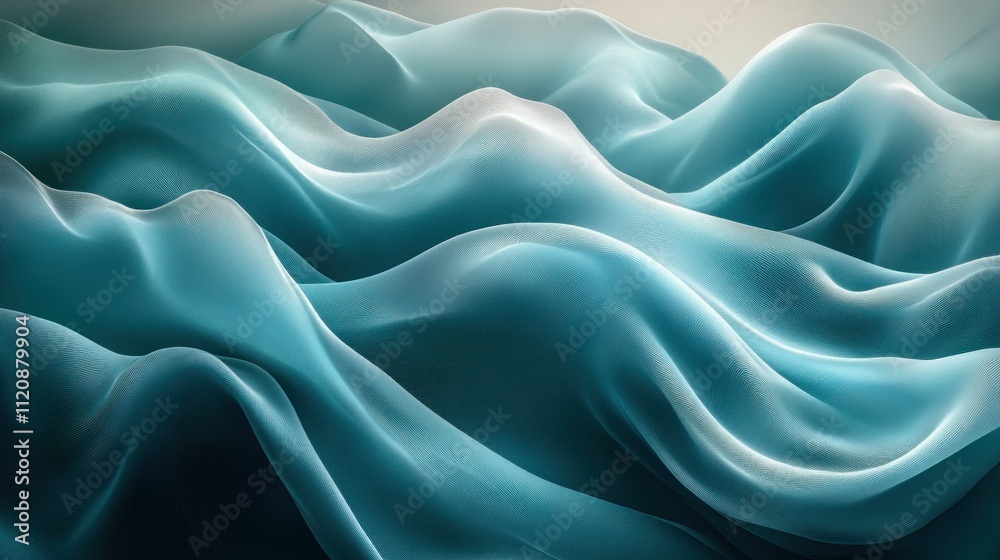 Obraz premium Abstract Waves of Teal and Silver Fabric Art with Shimmering Textures and Smooth Curves