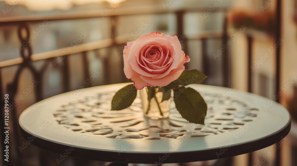 Pink rose in a vase on a round table on a balcony with soft sunlight creating a serene ambiance and inviting copy space Pink rose in a vase on a round table on a balcony with soft sunlight creating a serene ambiance and inviting copy space