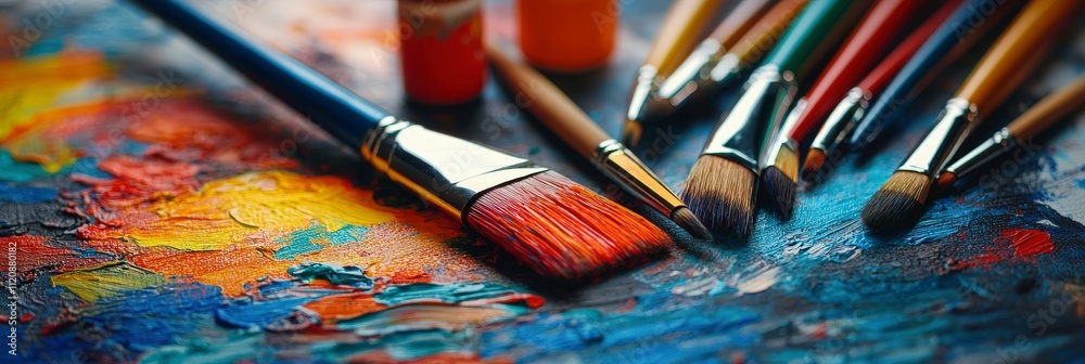 Fototapeta premium Paintbrushes on a Colorful Palette