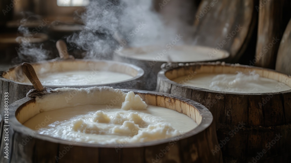 Artisanal cheese production in traditional wooden vats during the curing process with steam and fresh curds visible Artisanal cheese production in traditional wooden vats during the curing process with steam and fresh curds visible