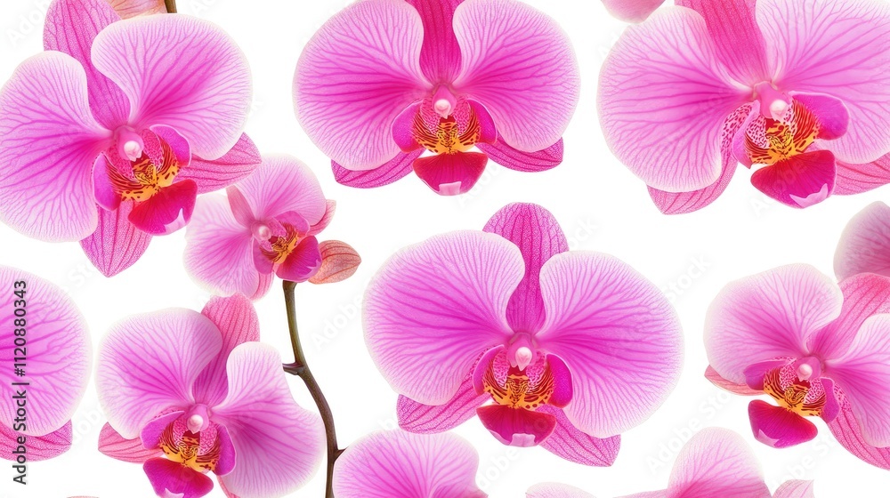 Vibrant pink orchids on a white background creating a seamless floral pattern ideal for fabric, textiles, and wrapping paper designs Vibrant pink orchids on a white background creating a seamless floral pattern ideal for fabric, textiles, and wrapping paper designs