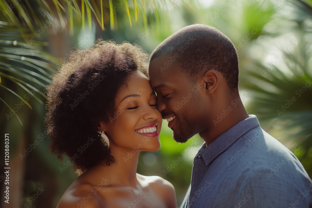 Happy couple embracing with smiles in a lush green outdoor setting Happy couple embracing with smiles in a lush green outdoor setting