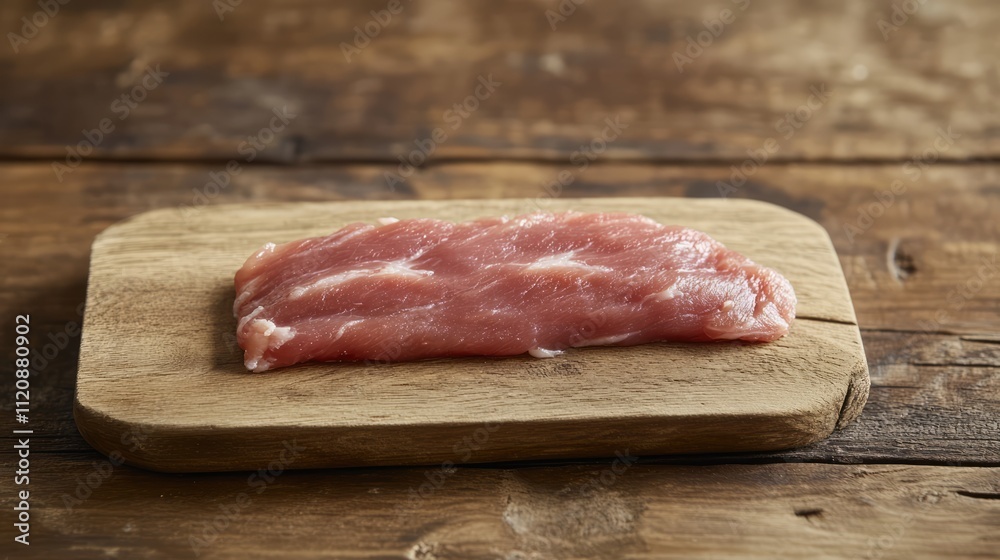 Sliced raw pork tenderloin on a rustic wooden cutting board ready for preparation in a kitchen setting Sliced raw pork tenderloin on a rustic wooden cutting board ready for preparation in a kitchen setting