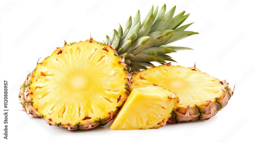 Fresh pineapple slices isolated on white background with green leaves showcasing natural texture and vibrant colors for culinary themes