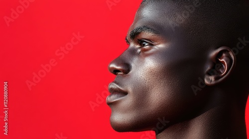 Profile portrait of an African man against a vibrant red background, highlighting facial features and expression, studio photography, portrait, beauty, diversity.