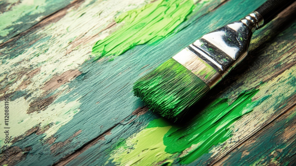 Paint brush on rustic wooden floor with vibrant green paint strokes and texture for artistic and home improvement concepts Paint brush on rustic wooden floor with vibrant green paint strokes and texture for artistic and home improvement concepts