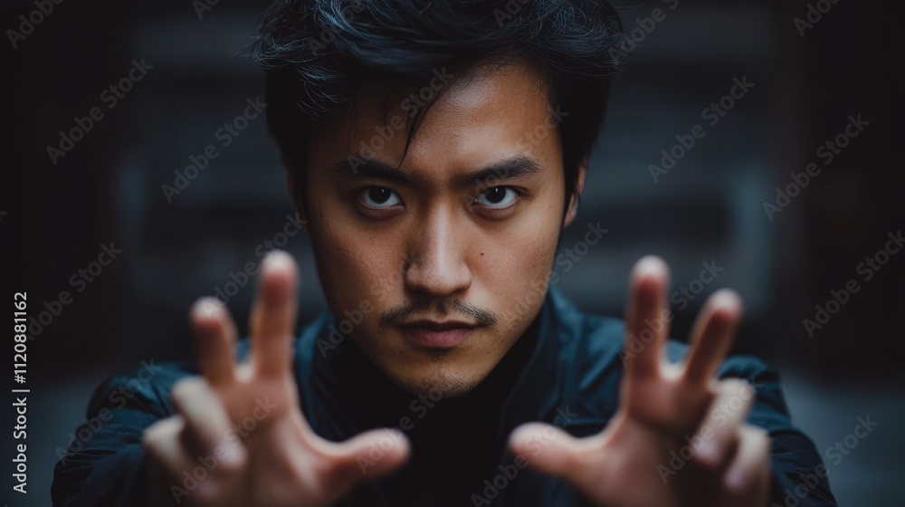 Intense portrait of a young Asian man gesturing with outstretched hands against a blurred background, expression of determination and focus, portrait, emotions, gesture, close-up. Intense portrait of a young Asian man gesturing with outstretched hands against a blurred background, expression of determination and focus, portrait, emotions, gesture, close-up.