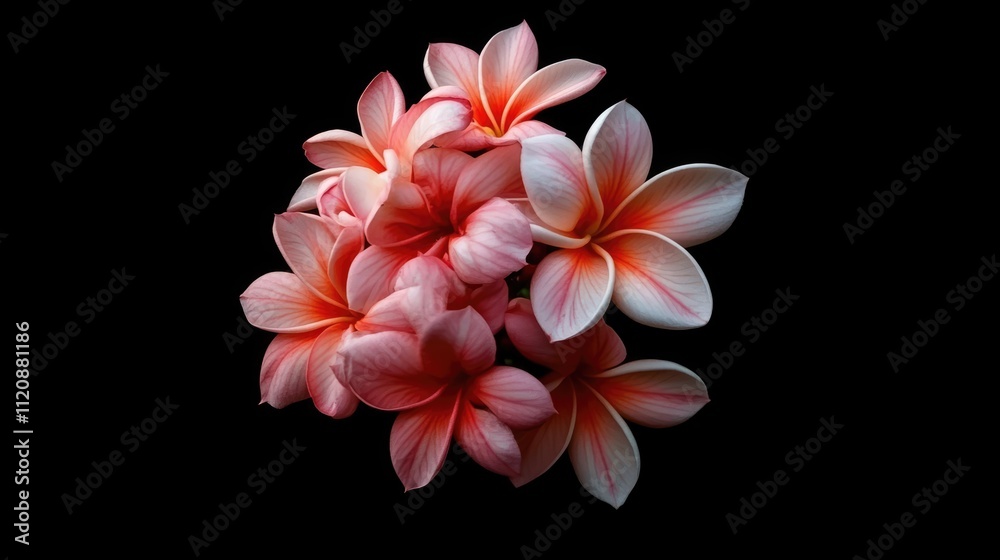 Obraz premium Close-up of vibrant red and pink plumeria (frangipani) flowers arranged in a bouquet against a black backdrop, emphasizing their delicate petals and contrasting colors, nature, floral design, beauty.