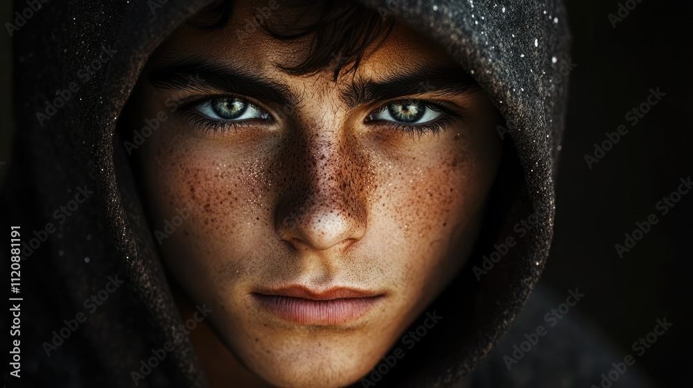 Intense close-up portrait of a young man in a dark hood, featuring prominent blue eyes and freckles, dramatic lighting accentuating facial features, emotions, youth, fashion, expression. Intense close-up portrait of a young man in a dark hood, featuring prominent blue eyes and freckles, dramatic lighting accentuating facial features, emotions, youth, fashion, expression.