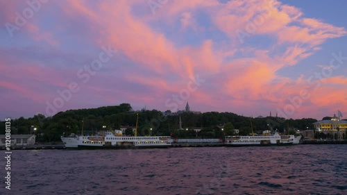 Beautiful sunset view with purple clouds in Istanbul Blue Mosque Hagia Sophia