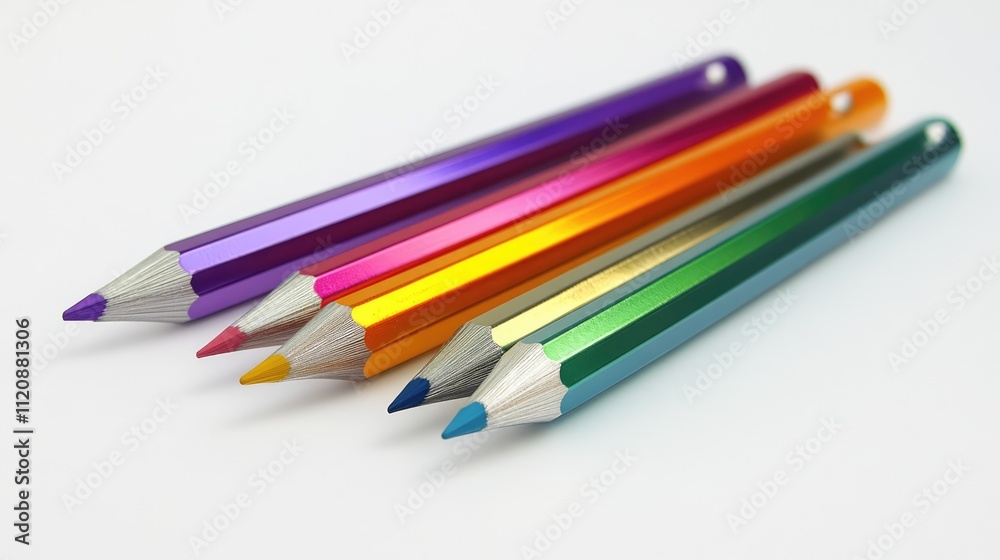 Vibrant collection of rainbow colored pencils arranged creatively on a clean white surface Vibrant collection of rainbow colored pencils arranged creatively on a clean white surface