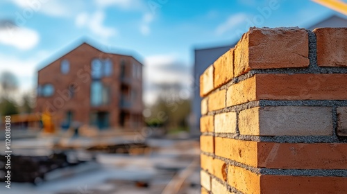 Construction palette with stacked bricks in sharp focus, contrasted against modern residential buildings in soft background blur, architecture, home development, building materials, construction site. photo