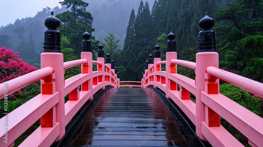 Elegant pink bridge in serene landscape Elegant pink bridge in serene landscape