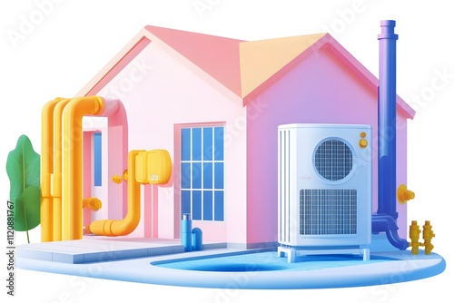 Vector flat line art illustration of home systems and equipment for heating, air conditioning, hot water, and plumbing pipes on a light background photo