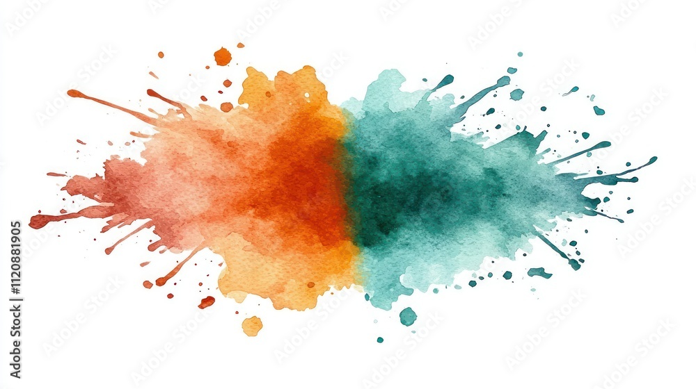 Fototapeta premium Abstract watercolor splash in orange and teal hues, ideal for backgrounds or artistic designs.