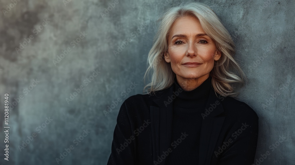 Elegant portrait of a 60 year old woman in black sweater against a gray wall showcasing grace and poise in senior fashion photography Elegant portrait of a 60 year old woman in black sweater against a gray wall showcasing grace and poise in senior fashion photography
