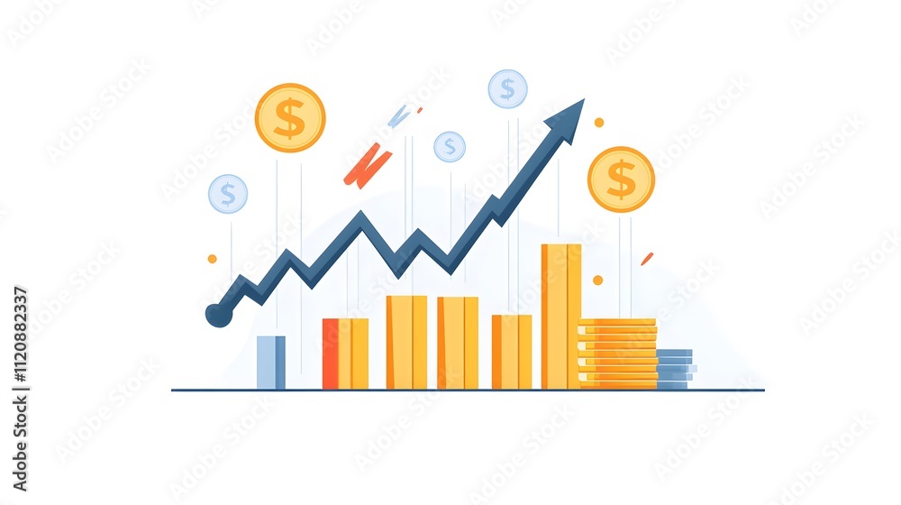 A composition of upward-pointing arrows, charts, and gold coins symbolizing profit and growth. White background. No shadow A composition of upward-pointing arrows, charts, and gold coins symbolizing profit and growth. White background. No shadow