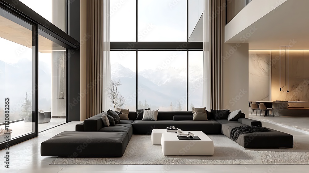 A monochromatic living room with a black L-shaped sofa, a geometric white coffee table, and oversized windows showcasing a mountain range. A monochromatic living room with a black L-shaped sofa, a geometric white coffee table, and oversized windows showcasing a mountain range.