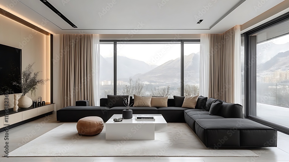 © HuynhThiThuy - A monochromatic living room with a black L-shaped sofa, a geometric white coffee table, and oversized windows showcasing a mountain range. © HuynhThiThuy - A monochromatic living room with a black L-shaped sofa, a geometric white coffee table, and oversized windows showcasing a mountain range.