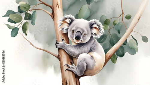 Koala climbing tree australian forest illustration natural habitat close-up view wildlife conservation awareness photo