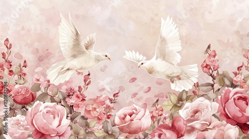 Dreamy watercolor vignette featuring a pink rose garden and white doves for wedding purity.