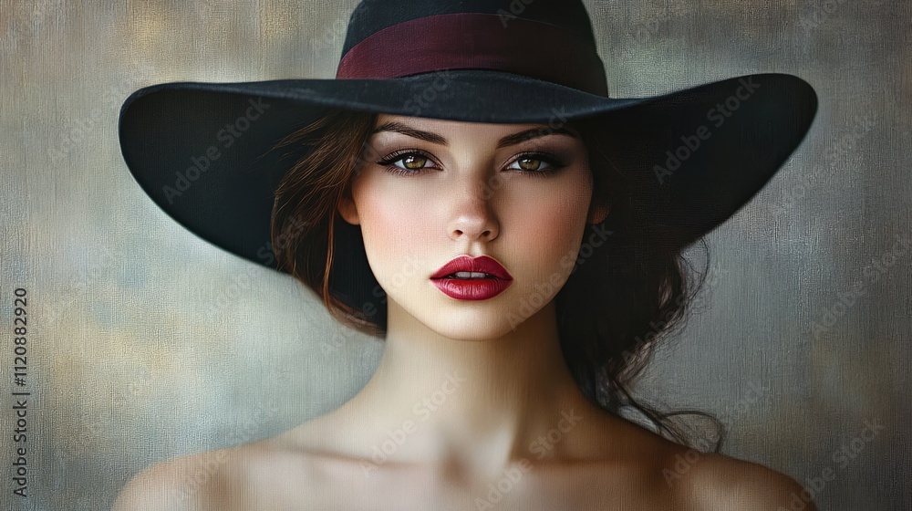 Stylish brunette woman wearing a wide-brimmed hat with striking makeup against a textured grey background. Stylish brunette woman wearing a wide-brimmed hat with striking makeup against a textured grey background.