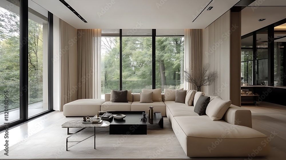 A stylish modern living room featuring a beige L-shaped sofa, sleek metal-framed furniture, and oversized glass walls opening up to a scenic forest. The room is bathed in warm daylight, A stylish modern living room featuring a beige L-shaped sofa, sleek metal-framed furniture, and oversized glass walls opening up to a scenic forest. The room is bathed in warm daylight,