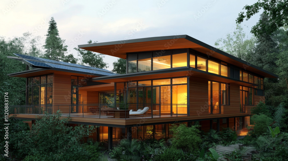 A sustainable home design featuring green architecture, with solar panels, rainwater harvesting, and energy-efficient windows. A sustainable home design featuring green architecture, with solar panels, rainwater harvesting, and energy-efficient windows.