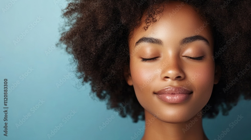 Relaxed young woman with curly hair enjoying tranquility against a soft blue background capturing serenity and beauty. Relaxed young woman with curly hair enjoying tranquility against a soft blue background capturing serenity and beauty.