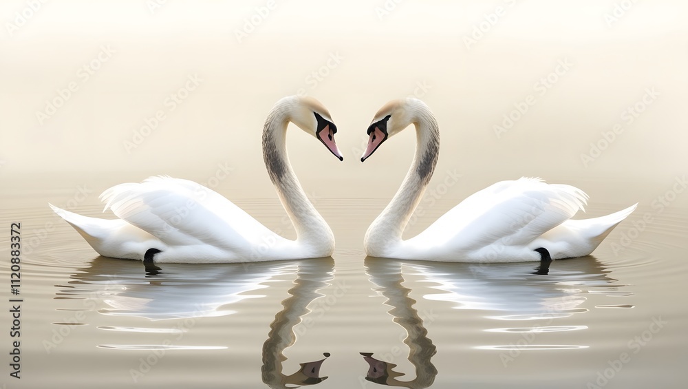 Obraz premium Ethereal setting graceful swans in tranquil lake waters reflecting love symbolism in wildlife photography