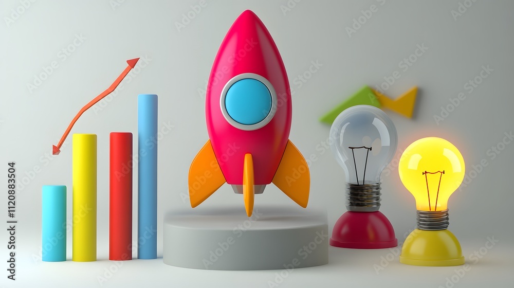 A collection of innovation-themed symbols, including a rocket icon, a graph, and glowing lightbulbs. White background. No shadow A collection of innovation-themed symbols, including a rocket icon, a graph, and glowing lightbulbs. White background. No shadow