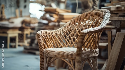 Wicker chair in a furniture workshop showcasing handcrafted natural wood and vine material surrounded by artisanal tools and wood pieces photo