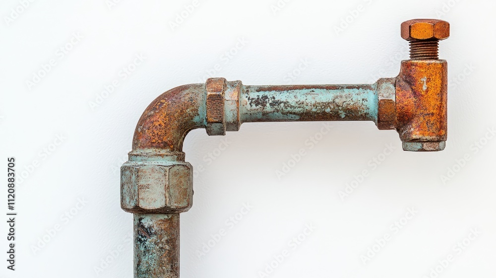 Rusty plumbing pipe fitting on a white background showcasing aged patina and industrial design elements for plumbing aesthetics. Rusty plumbing pipe fitting on a white background showcasing aged patina and industrial design elements for plumbing aesthetics.