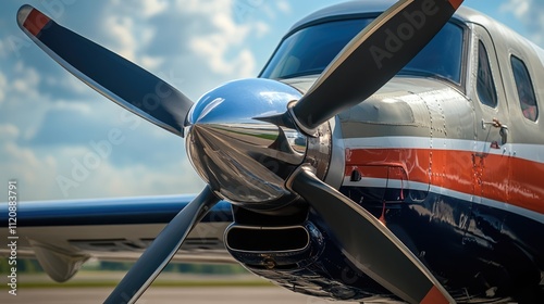 Close up of turboprop engine propellers showcasing advanced aviation technology against a dramatic sky backdrop in a modern aircraft setting.