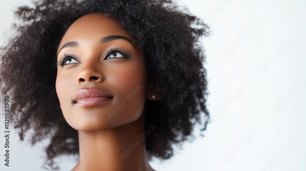 Beauty portrait of a young woman with natural curly hair and radiant skin, gazing upward against a soft white backdrop, confidence, elegance, lifestyle, portrait photography, beauty. Beauty portrait of a young woman with natural curly hair and radiant skin, gazing upward against a soft white backdrop, confidence, elegance, lifestyle, portrait photography, beauty.