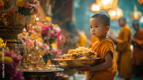 Boun Pha Vet, a young child carrying traditional Lao food offerings to the altar in a temple, Ai generated images photo