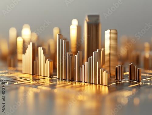 Golden miniature skyline model represents urban development and futuristic architecture.