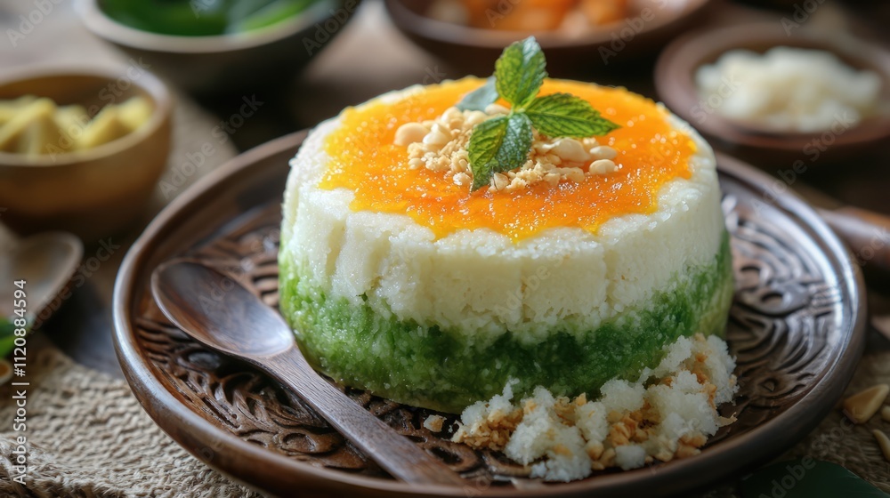 Traditional Putu cake served on a wooden platter with colorful layers and garnished with mint leaves, showcasing Indonesian cuisine. Traditional Putu cake served on a wooden platter with colorful layers and garnished with mint leaves, showcasing Indonesian cuisine.