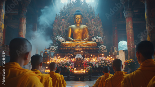 Boun Pha Vet, monks wearing bright yellow robes gather in a traditional Lao temple, they read scriptures against the backdrop of a large Buddha statue decorated with flowers and burning candles photo